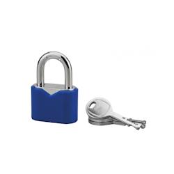 Cadenas à clé, intérieur, ovale, 40mm, gainé PVC, anse acier cémenté, 3 clés - SP - bleu 3150268861404_0