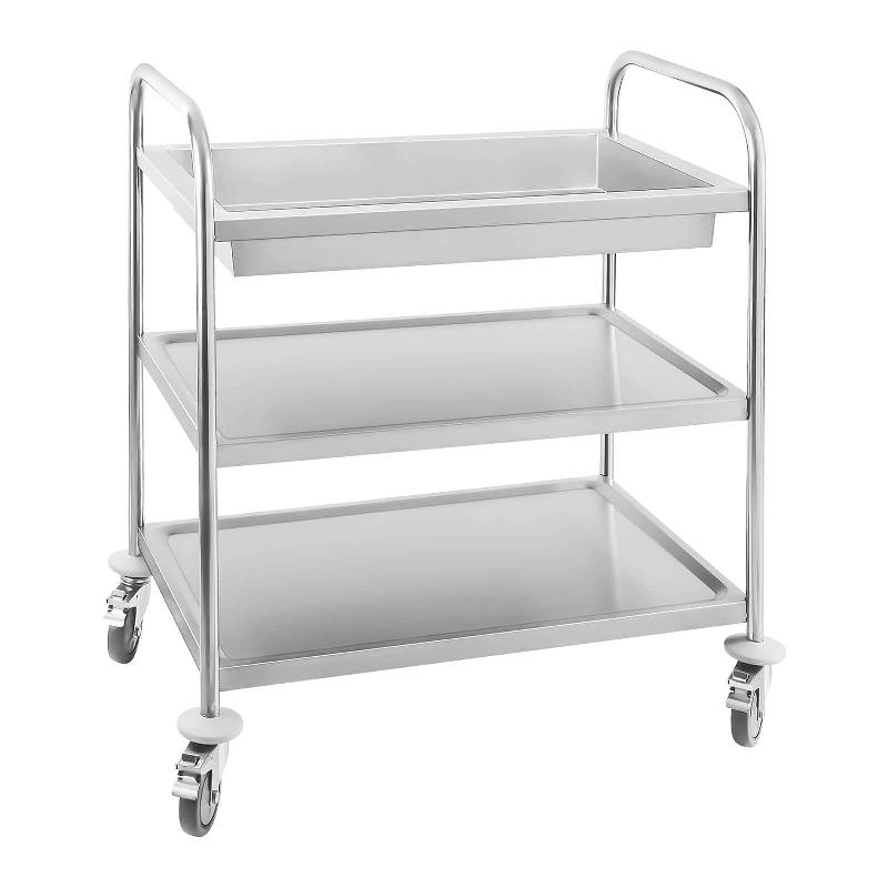 Chariot acier inoxydable - 2 plateaux plats et 1 bac - 500 kg max - Tubes ronds - Réf : 14_0005025_0