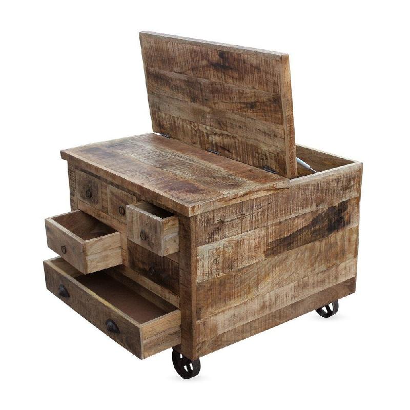 Coffre bois massif à roulettes L85xP85H70cm - multi ouvertures Toronto - industriel vintage_0