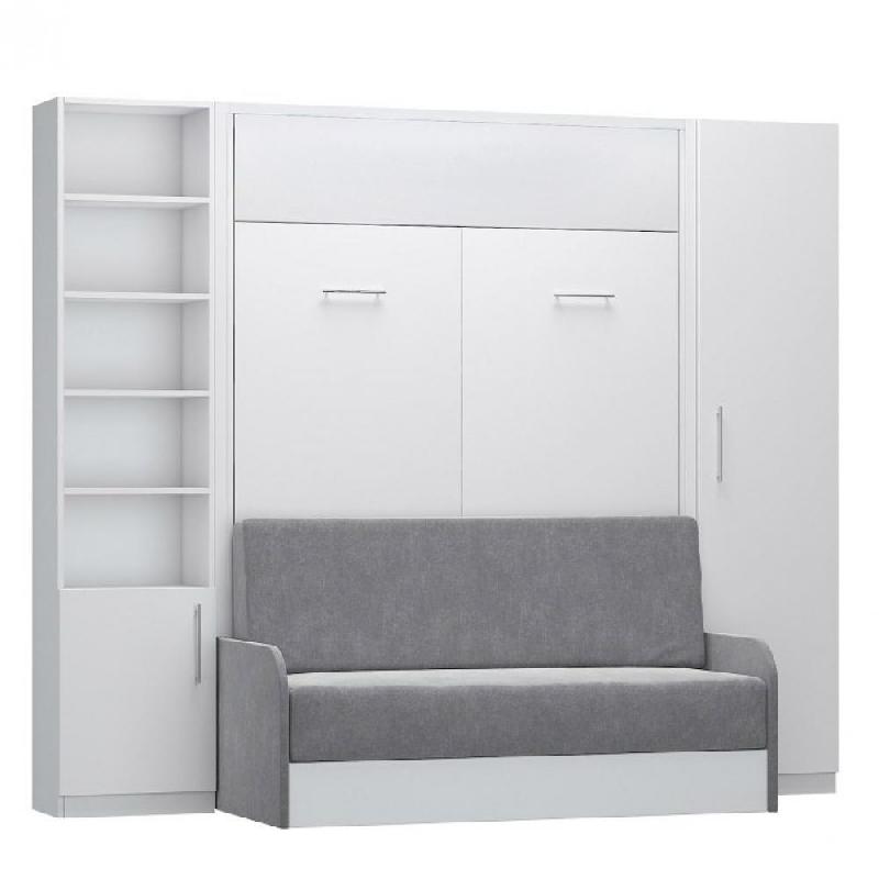 COMPOSITION LIT ESCAMOTABLE BLANC MAT DYNAMO SOFA CANAPÉ + ACCOUDOIRS MICROFIBRE COLONNE ARMOIRE + BIBLIOTHÈQUE 140*200_0