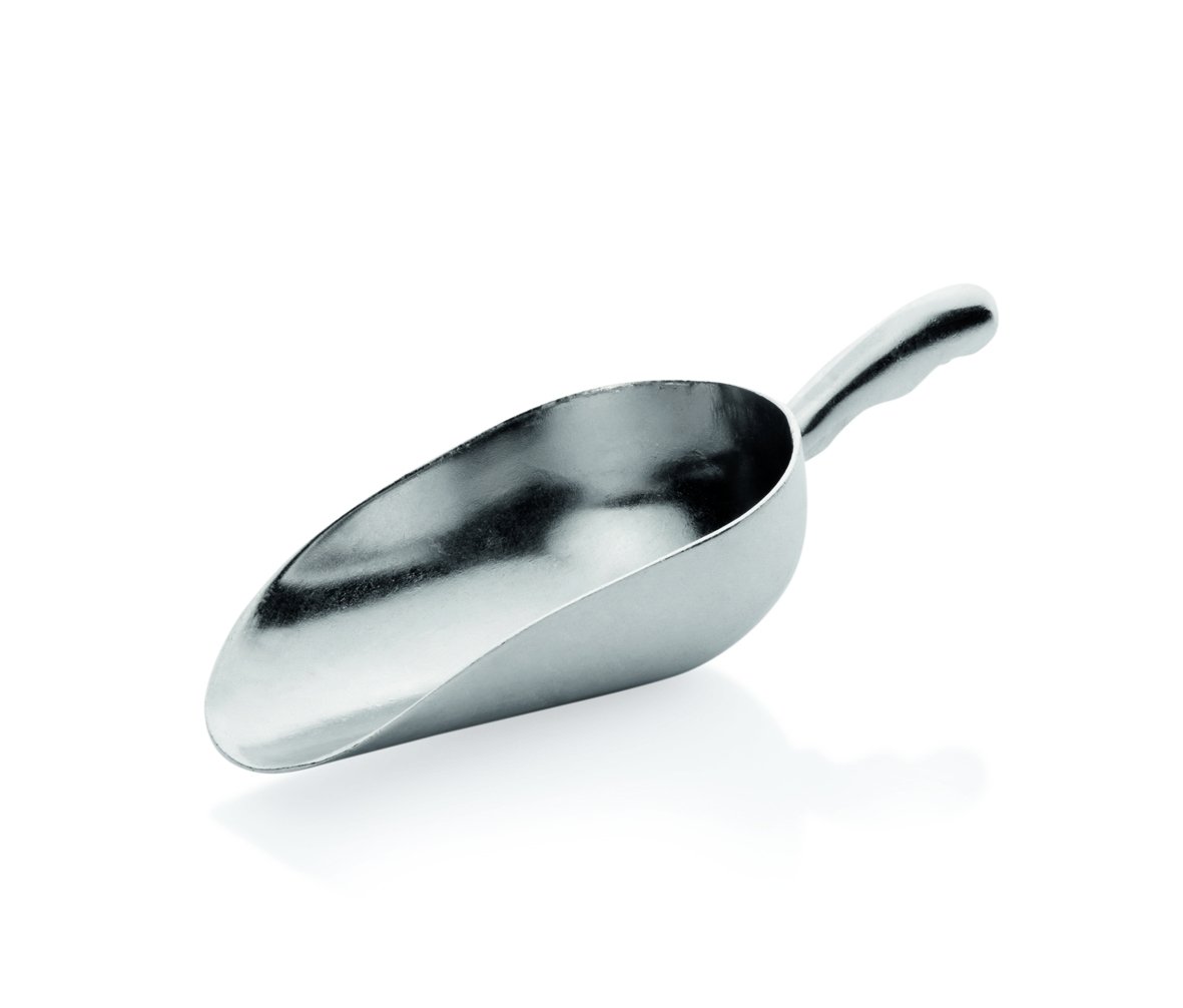CUILLÈRE SEMI-CIRCULAIRE EN ALUMINIUM, CONTENANCE (L) : ENV. 0,35, CUILLERON (CM) : 15,0 X 8,0, LONGUEUR TOTALE (CM) : 24,5