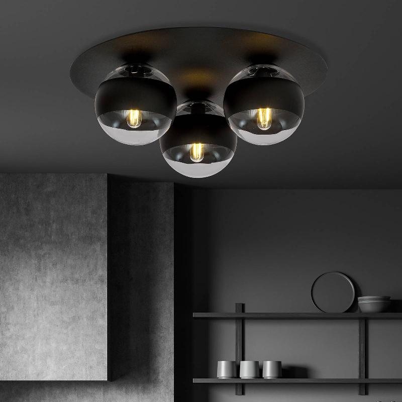 EMIBIG LIGHTING PLAFONNIER KENZO, ROND, NOIR/TRANSPARENT, À 3 LAMPES