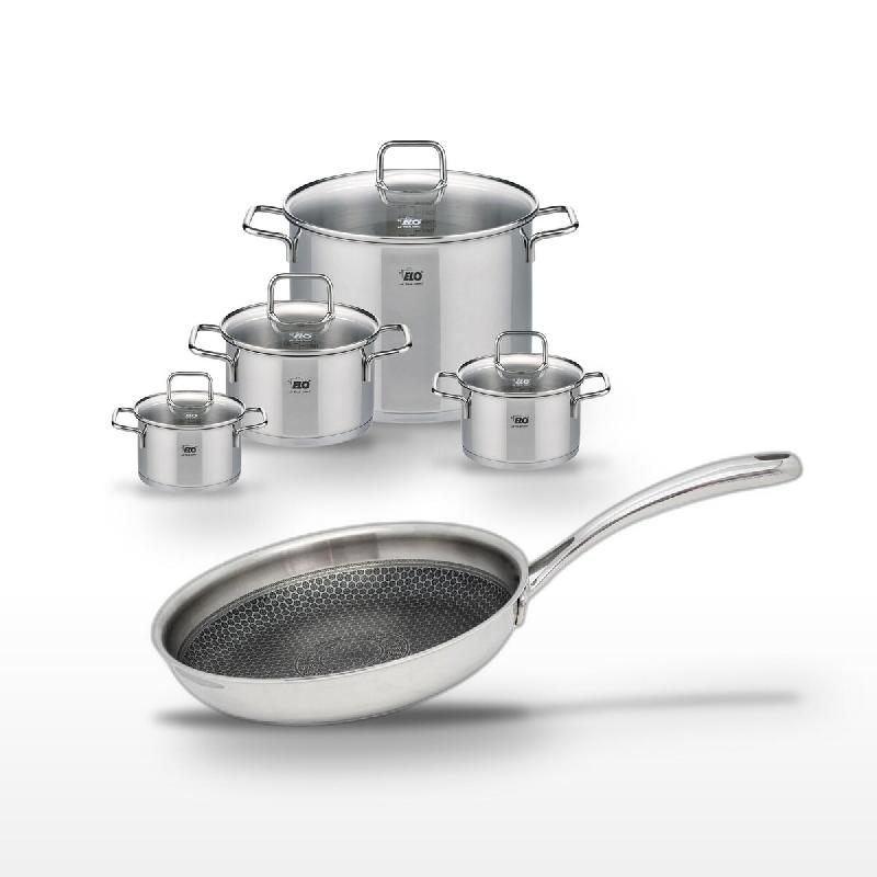 Lot de 4 Faitouts Elo Relief Evolution et Poêle 28 cm - gris inox 3176239958096_0
