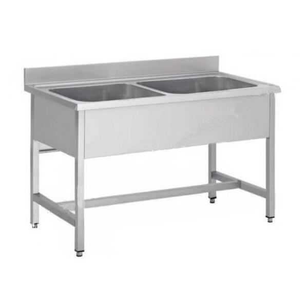 Plonge soudée sur pieds carrés sans étagère, inox AISI 304, 2 bacs au centre, longueur 1200 mm_0