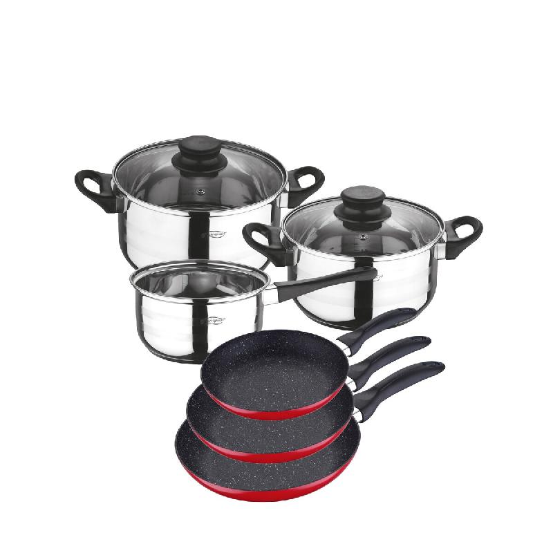 San Ignacio - Batterie de cuisine Toledo : 3 Marmites avec Couvercles et Jeu de 3 Poêles Ø16/20/24 cm en Acier Inoxydable/Aluminium Embouti - multi-_0