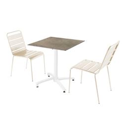 Oviala Business Ensemble table de terrasse stratifié marbre beige avec 2 chaises ivoire - Oviala - blanc métal 110791_0