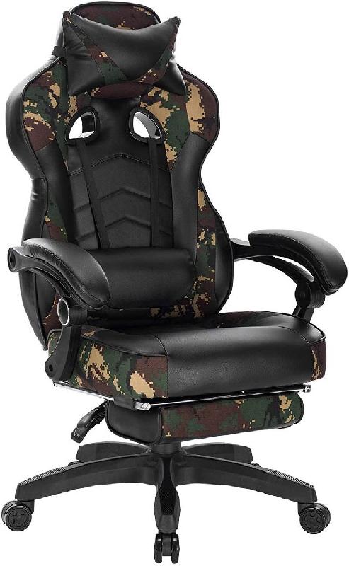 FAUTEUILS DE BUREAU SPORT CHAISE DE JEU AVEC APPUI-TÊTE COUSSIN LOMBAIRE ET REPOSE-PIEDS EN CUIR SYNTHÉTIQUE CAMOUFLAGE NOIR 19_0000081_0