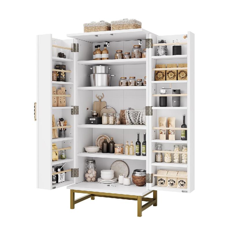 Merax armoire de cuisine 60x40x130 cm, garde-manger blanc avec poignées dorées, étagères réglables et rangements de porte - blanc Bois manufactur_0