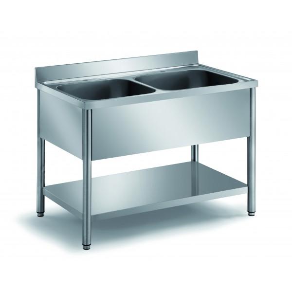 Plonge démontable sur pieds ronds avec étagère inox ferritique 2 bacs au centre longueur 1400 mm_0