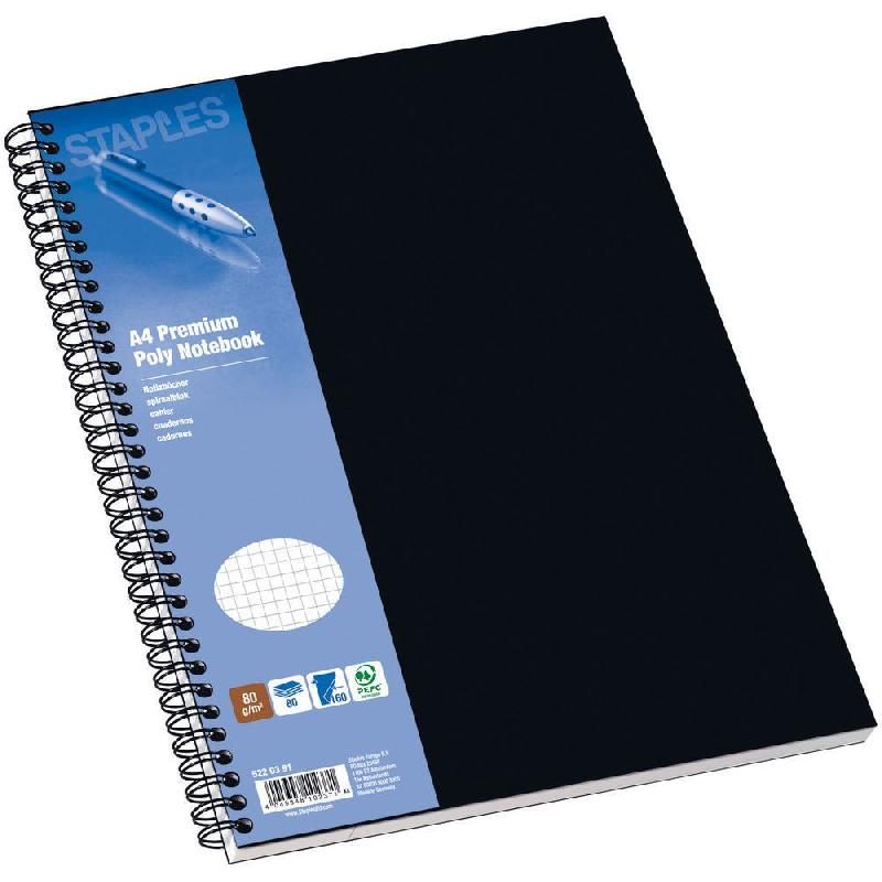 STAPLES CAHIER À SPIRALES POLYPRO - FORMAT A4 (80 G/M2) - 160 PAGES À PETITS CARREAUX - COULEUR NOIR (PRIX À L'UNITÉ)