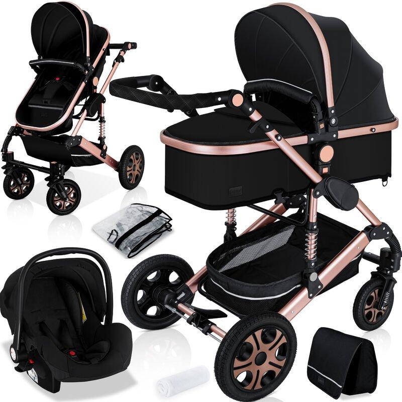 KESSER - 3EN1 POUSSETTE COMBINÉE TRIO LANDAU COMPLET AVEC BAIGNOIRE BÉBÉ ET SIÈGE DE SPORT POUR ET SIÈGE AUTO NOIRE