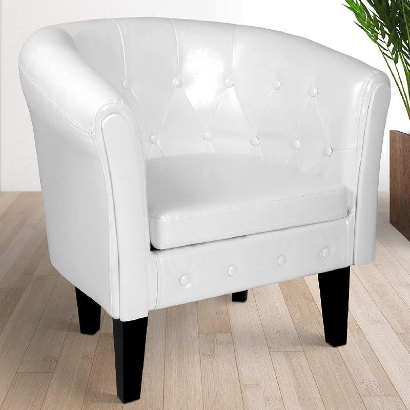 FAUTEUIL CHESTERFIELD AVEC REPOSE PIED EN SYNTHÉTIQUE AVEC ÉLÉMENTS DÉCORATIFS TOUFFETÉS CHAISE CABRIOLET TABOURET POUF MEUBLE DE SALON BLANC 01_0000109_0