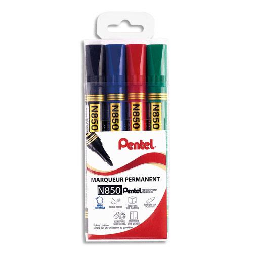 MARQUEURS PERMANENTS PENTEL N850 - POINTE OGIVE - COLORIS ASSORTIS NOIR, BLEU, ROUGE, VERT - POCHETTE DE 4