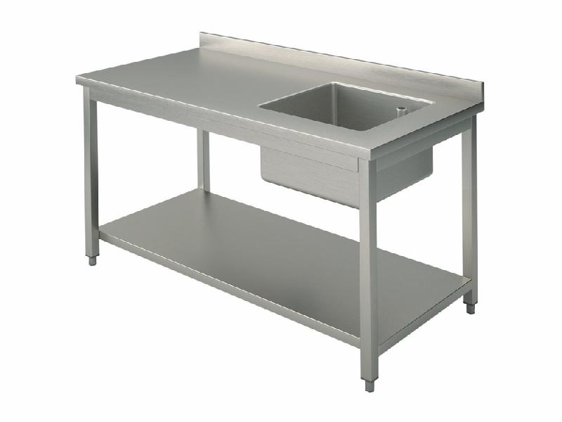 Table inox de travail avec bac à droite, avec dosseret, avec étagère, 1000x600 mm - STVD610_0