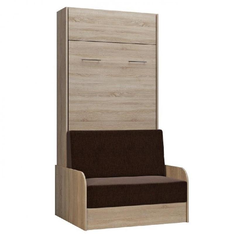 ARMOIRE LIT ESCAMOTABLE DYNAMO SOFA CANAPÉ ACCOUDOIRS CHÊNE NATUREL TISSU MARRON 90*200 CM_0