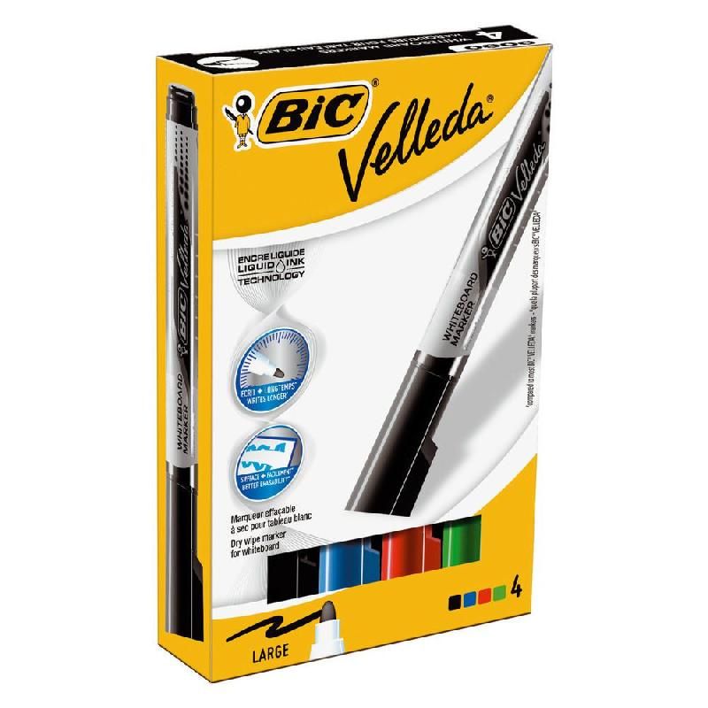 BIC VELLEDA MARQUEUR POUR TABLEAU BLANC VELLEDA® COULEURS ASSORTIES POINTE OGIVE LARGE EN PAQUET DE 4