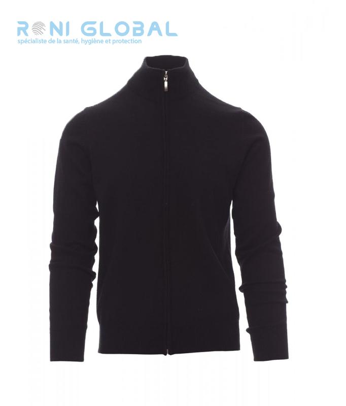 Pullover de travail unisexe noir en coton/laine - zip intégral et patchs aux coudes - BOARDING PAYPER_0