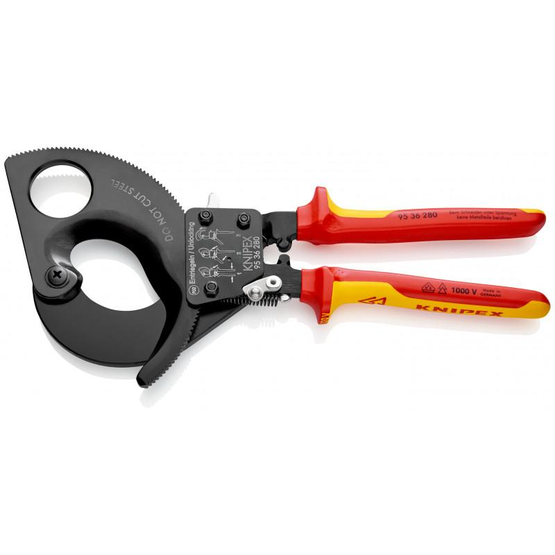 Coupe-câbles à cliquet 280mm - Cu/Al Ø52mm/380mm² - Gainage isolé 1000V - KNIPEX 95 36 280 - Compact et ergonomique_0