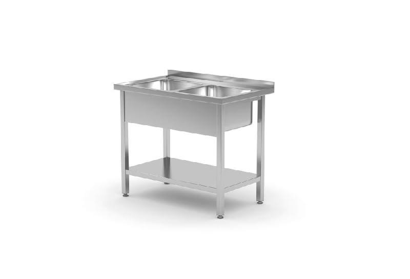 Plonge murale inox cuisine professionnelle avec 2 bacs centraux et étagère - 1000x700x850 mm - 812969_0