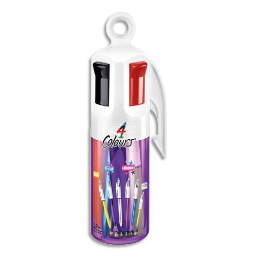 4 COULEURS STYLOS BIC -BILLE RETRACTABLES POINTE MOYENNE (1,0 MM) - COULEURS ASSORTIES - POT A STYLOS DE 6