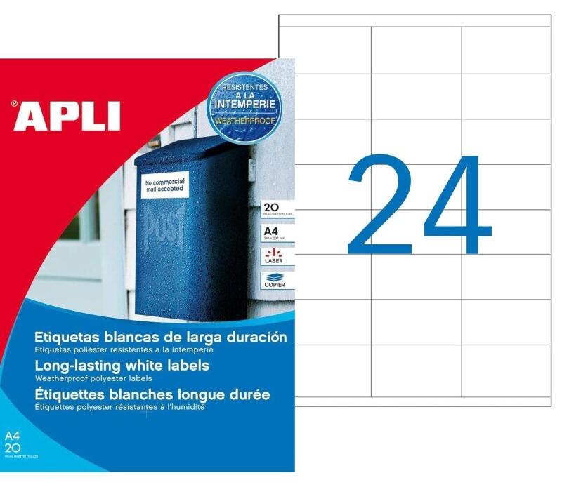 Apli 480 étiquettes polyester blanches, format 64,6 x 33,8 mm (20 feuilles / cdt) - 8410782012269_0