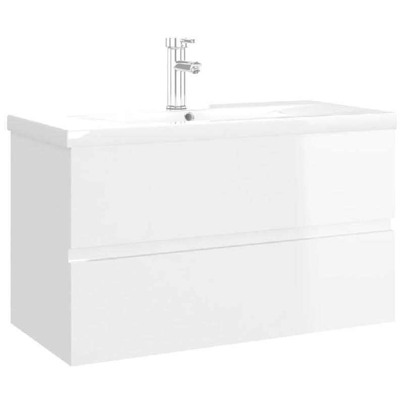 Armoire d'évier avec lavabo intégré - 80 x 38,5 x 45 cm - Blanc brillant - Aggloméré - Avec robinet et trop-plein - Réf. 02_0006436_0