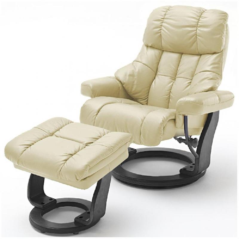 Fauteuil relax CLAIRAC XL - assise en cuir crème, pied en bois noir avec repose-pied - inclinable à 135° et rotation 360°_0