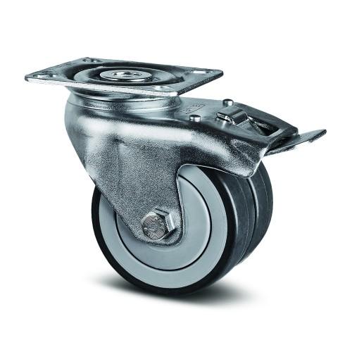 ROULETTE PIVOTANTE DOUBLE GALET - BLOCAGE TOTAL - PLATINE - Ø 75 MM - AGILA TWIN TENTE