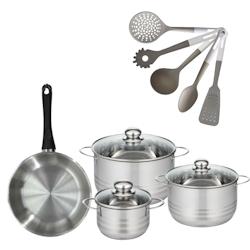 Lot Poêle 24cm & 3 Faitouts 16/20/24cm Fackelmann Généva avec 5 ustensiles - gris inox 3176239921892_0