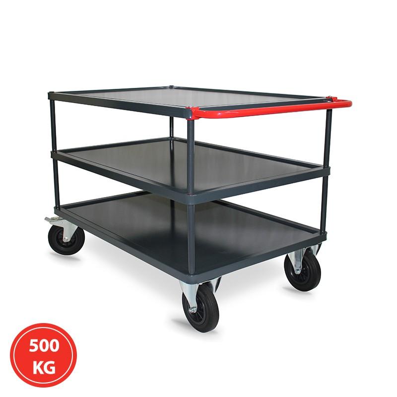Servante d'atelier 3 plateaux tôlés - 300 et 500 kg - Format 1200 x 800 - Poignée rouge - Marque Rolléco_0