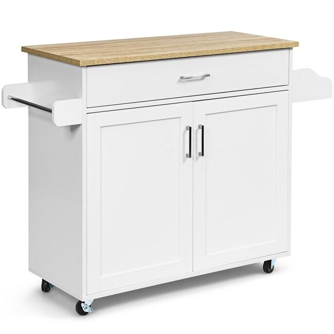 COSTWAY Chariot de cuisine avec porte-serviettes et planche d'épices, îlot de cuisine avec tiroir et étagère réglable en hauteur - blanc Bois man_0