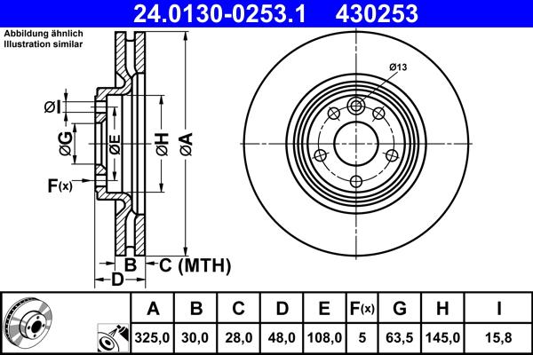Disque de frein ATE 430253 - ventilé - côté avant - conditionnement boîte de 1 disque_0