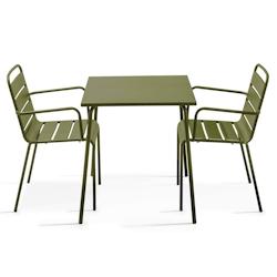 Oviala Business Ensemble table de jardin carrée et 2 fauteuils acier Vert Kaki - vert acier 114651_0