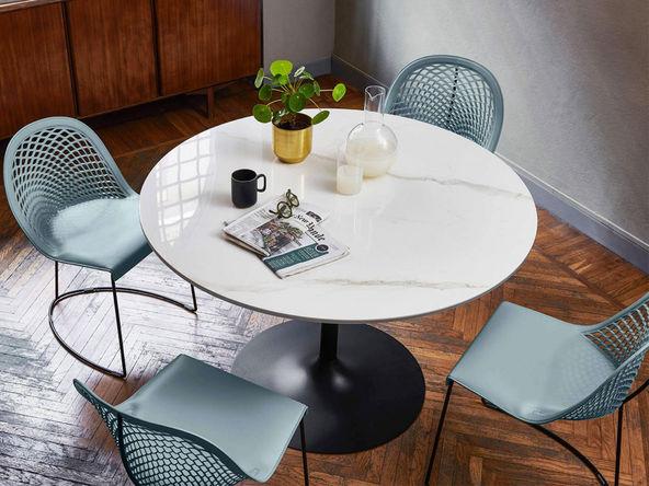 Table de réunion en cristal-céramique ronde Infinity pour 5-6 personnes avec pied tulipe en métal_0