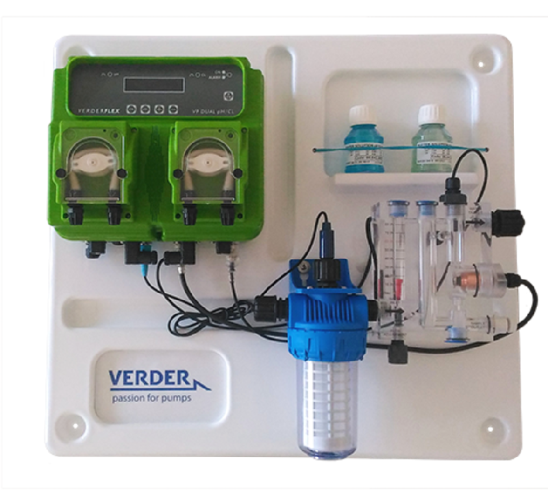 Pompe doseuse péristaltique pour traitement d'eau - Verderflex panneau VP Dual pH-Rx avec accessoires et protection IP65_0