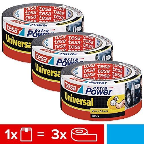 TESA EXTRA POWER UNIVERSAL - Ruban adhésif toilé polyvalent pour réparations intérieures et extérieures - Lot de 3 rouleaux, 25 m x 50 mm, noir_0