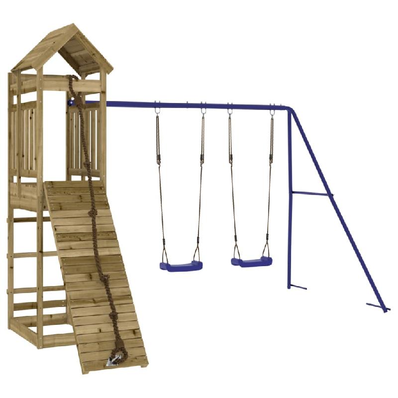 Aire de jeux d'extérieur en bois de pin imprégné - Balançoires, toboggan, portiques robustes - 319 x 259 x 238 cm - Réf. 02_0004689_0
