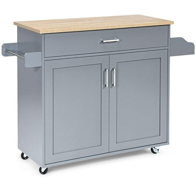 COSTWAY Chariot de cuisine avec porte-serviettes et planche d'épices, îlot de cuisine avec tiroir et étagère réglable en hauteur - gris Bois manu_0