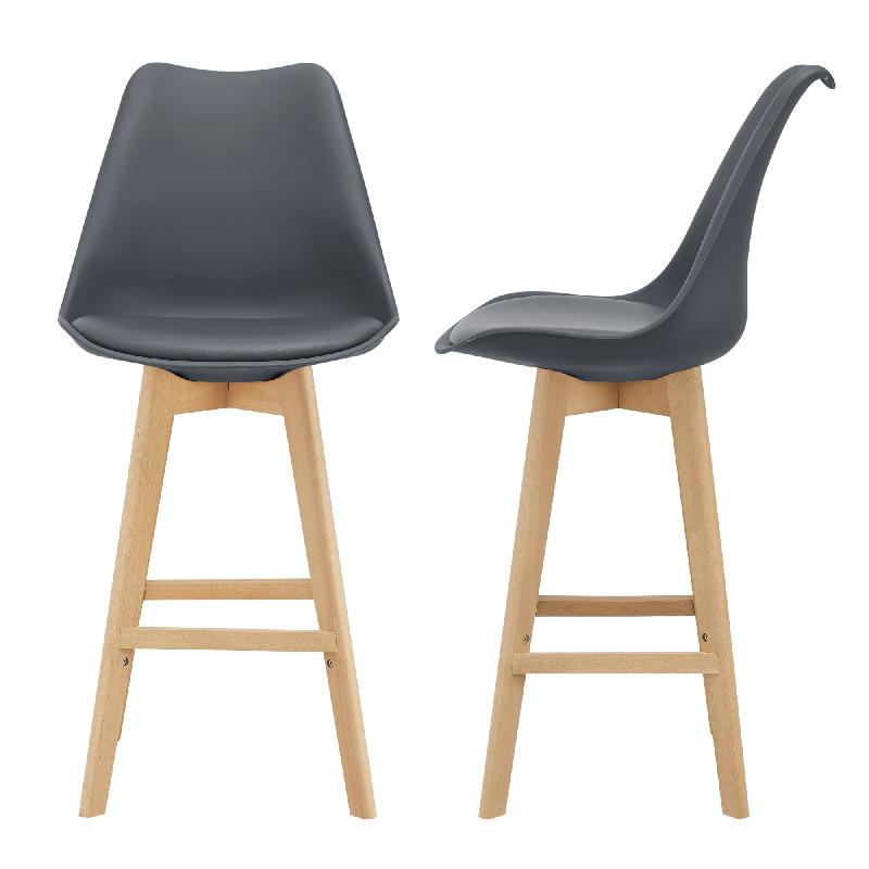 LOT DE 2 TABOURETS DE BAR SIÈGE AVEC DOSSIER ET REPOSE-PIED REMBOURRÉ PLASTIQUE SYNTHÉTIQUE HÊTRE 105 CM GRIS 03_0002779_0