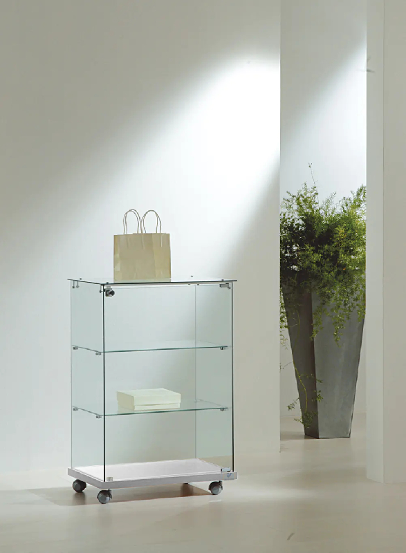 Vitrine basse en verre trempé 6/90VA - gris - 60x40x90 cm avec tablettes amovibles et serrure_0