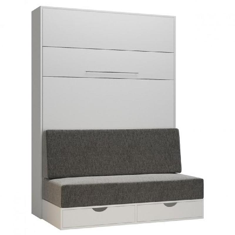 ARMOIRE LIT ESCAMOTABLE KOMPACT SOFA CANAPÉ TIROIRS BLANC MAT TISSU GRIS COUCHAGE 140*200 CM_0