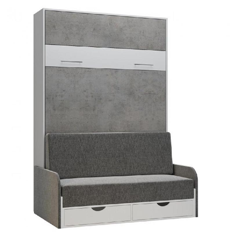 Armoire lit escamotable LOFT SOFA gris béton avec canapé accoudoirs tissu - Couchage 140x200 cm - Design moderne et fonctionnel_0