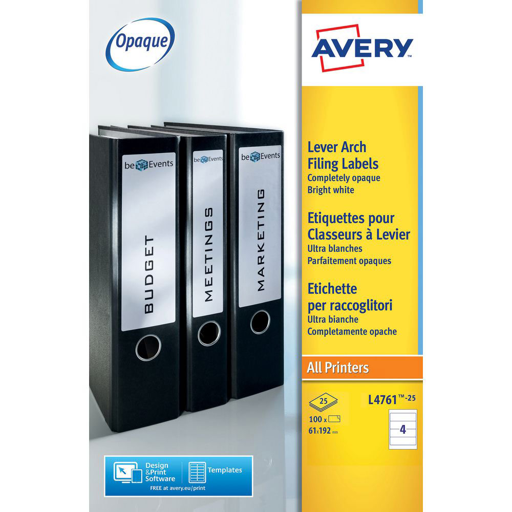 ETIQUETTES POUR IMPRESSION LASER AVERY L4761 - 192 X 62 MM - POUR CLASSEURS A LEVIER - DOS LARGE - BOITE DE 100 ETIQUETTES
