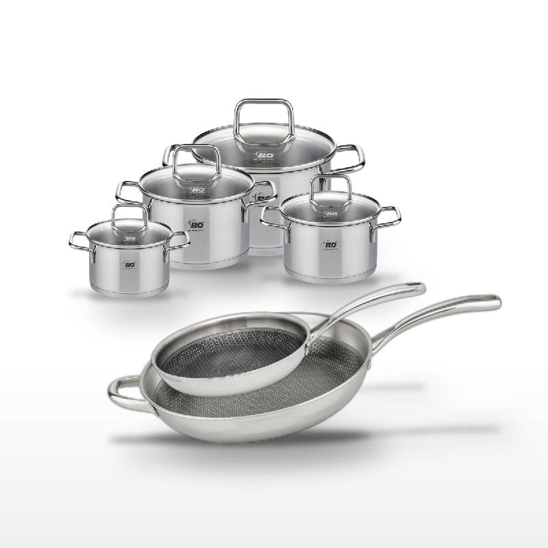 Lot 2 Poêles 28/32 cm et 4 Faitouts Elo Relief Evolution - gris inox 3176239956191_0