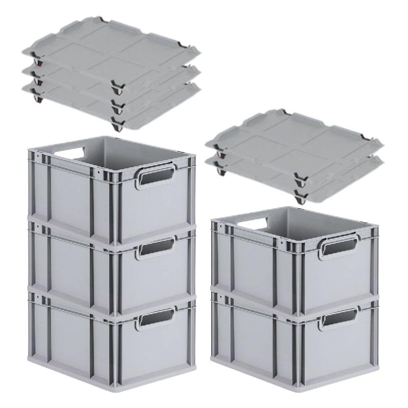 PROREGAL 5x Bac Euro NextGen Economy avec couvercle d'appui et 4 fermetures à glissière noires poignées ouvertes 22x30x40cm 20L - noir plastique RM_0