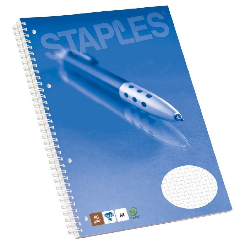 STAPLES CAHIER À SPIRALES - FORMAT A4 MAXI (90 G/M2) - 100 PAGES À PETITS CARREAUX - COULEURS ASSORTIES (PRIX À L'UNITÉ)