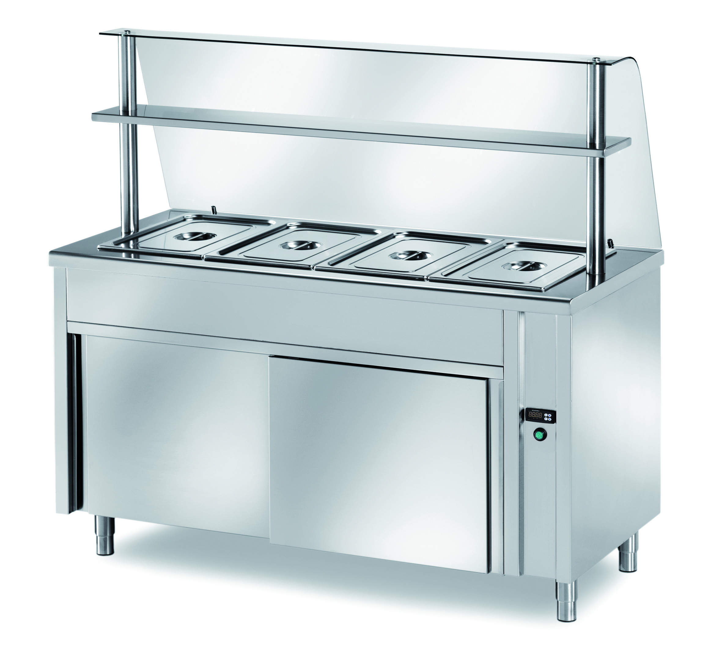 TABLE CHAUFFANTE DE DISTRIBUTION PROFI NEUTRE AVEC UNE PORTE ET STRUCTURE EN VERRE 900X700X1400 – 2X GN 1/1