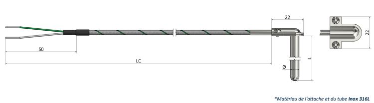 Thermocouple de surface coudé - TS21 avec attache à connecter, types K, N, J, T, E, R, S, B_0