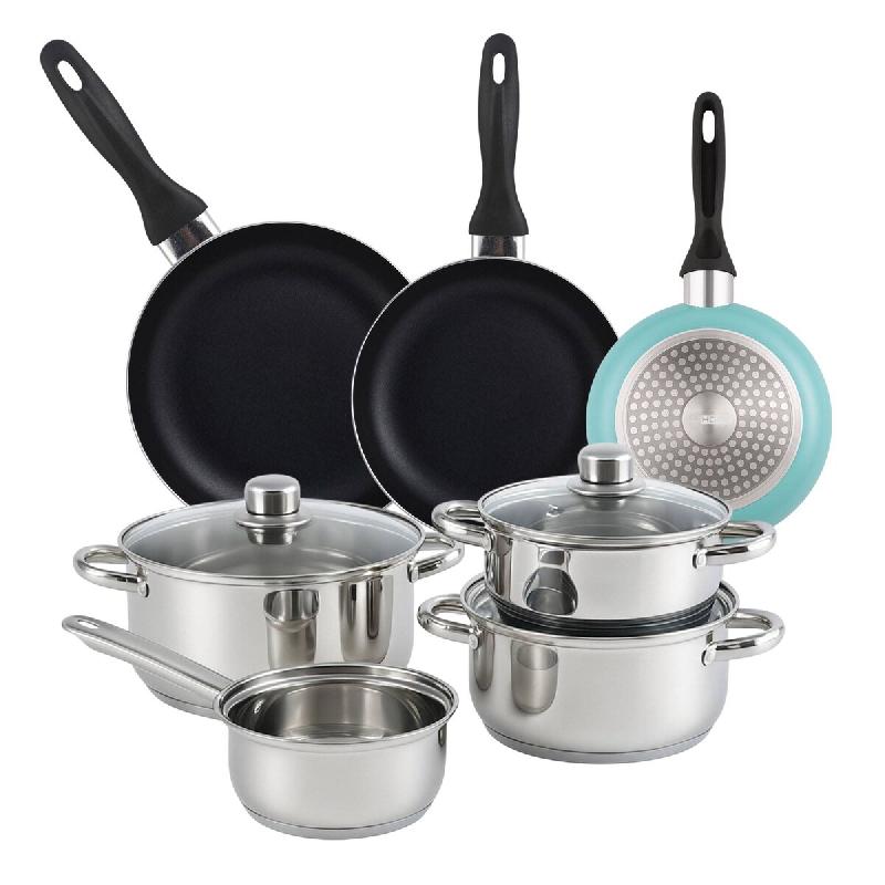 WellHome - Batterie de cuisine 7pc en Acier Inoxydable avec Jeu de 3 Poêles Ø16/20/24cm Bleu Mat en Aluminium Pressé - multi-matériau PK8190_0