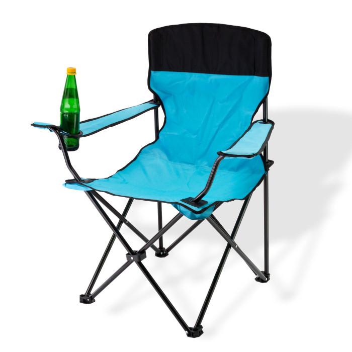Chaise pliante bleue avec porte-boissons_0